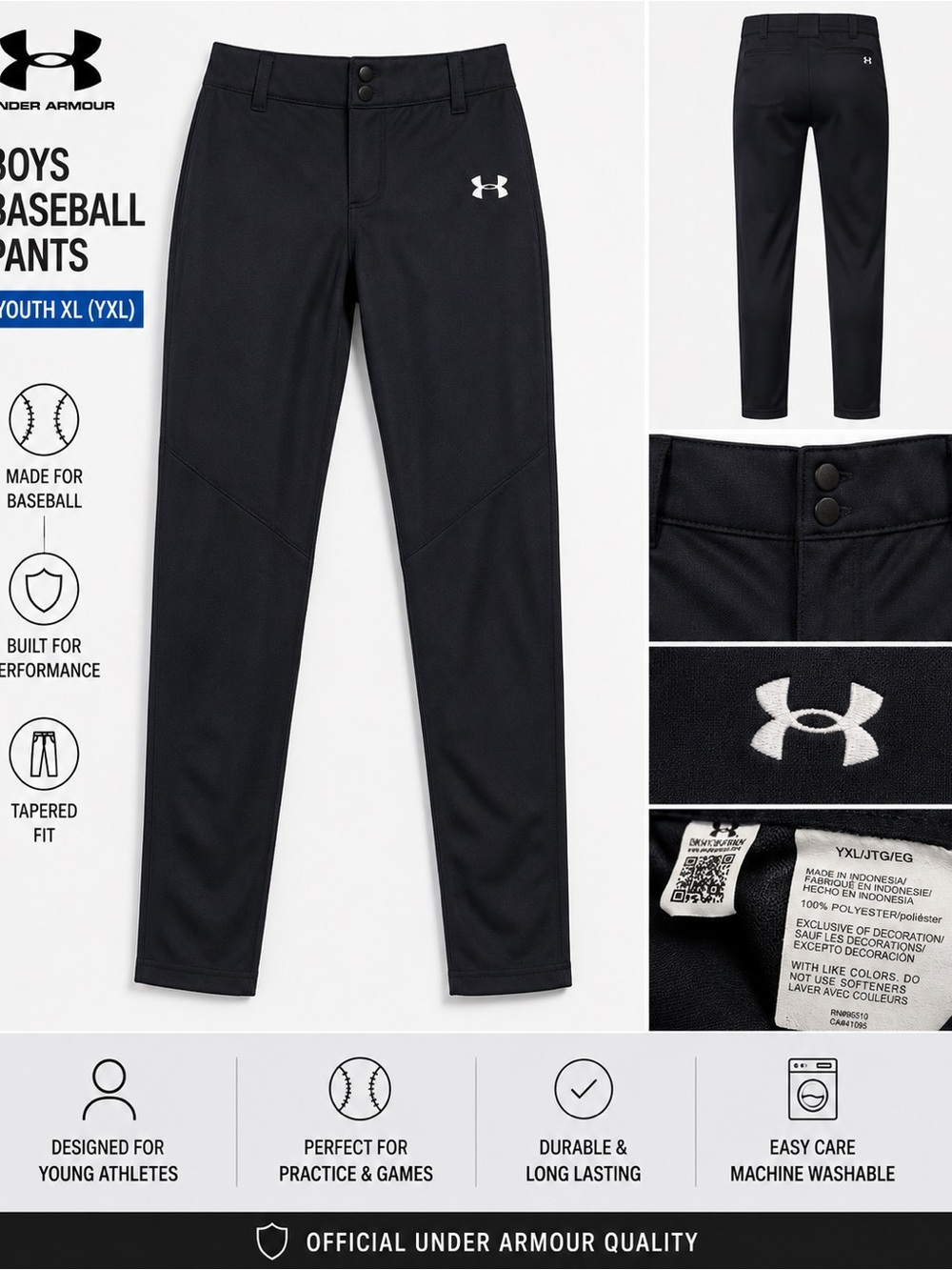 Under Armour Boys Baseball Pants Youth XL YXL Black Tapered Athletic